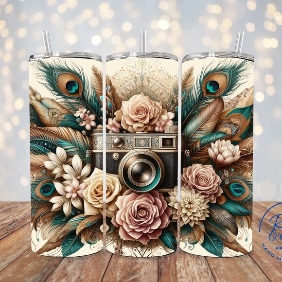Peacock Camera Tumbler, Camera Tumbler, Peacock 20oz Tumbler, Travel Mug - Picture 1 of 7